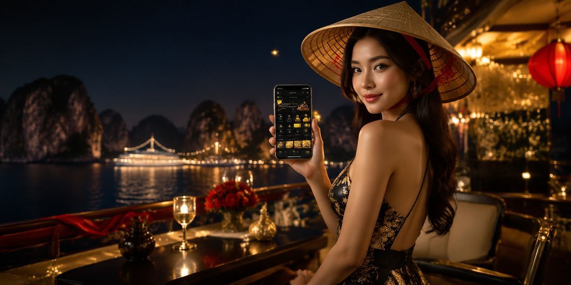 Cảnh vịnh Hạ Long với người nhận bonus VIP và nón lá